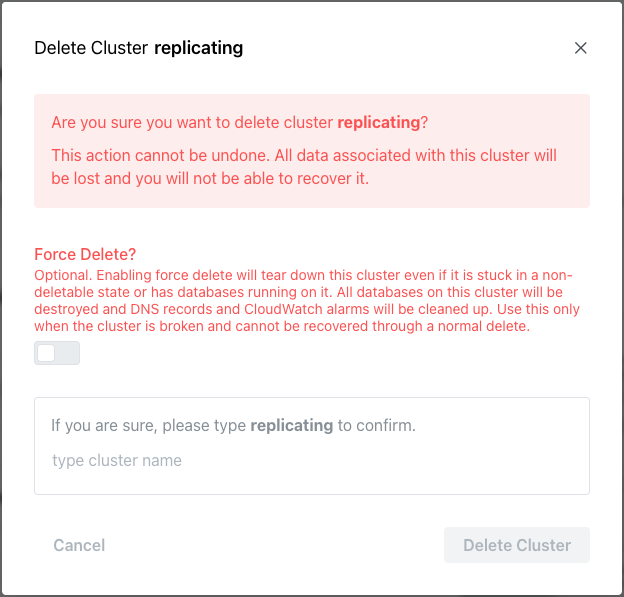 Confirm deleting a cluster